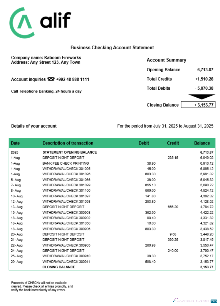Download Tajikistani Alif firm account statement Word and PDF template Photoshop template